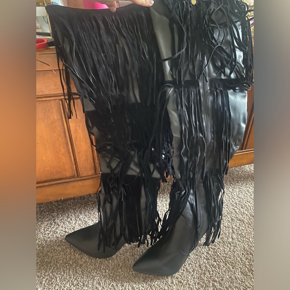 Black Fringe Thigh High heels boots by Ami Clubwear. Size 9. Never worn!